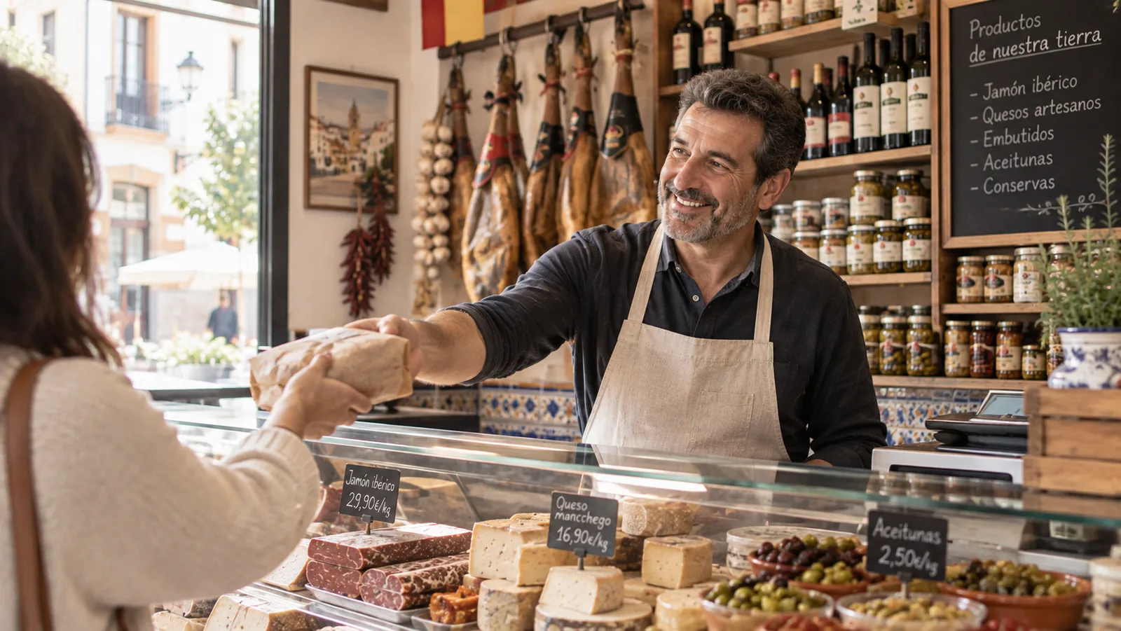 Tendero atendiendo a una clienta en el mostrador de una tienda de alimentación de barrio