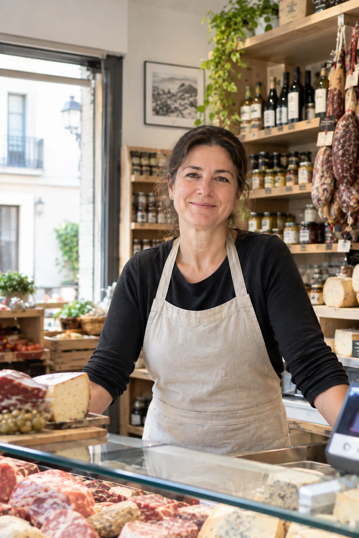 Tendera en su tienda de alimentación, detrás del mostrador